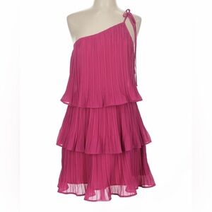 ZESICA ~ One-Shoulder Tiered Pleated Loose Fit Romantic Dress in Fuchsia